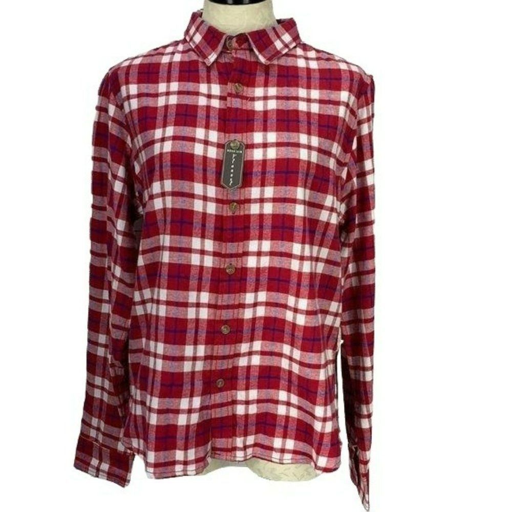 Hudson and Barrow Men's Raspberry Red Plaid Button Down Up‎ Flannel Shirt Large